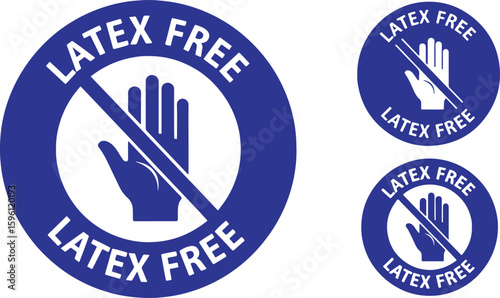 Blue circular signs with white hand symbol and text, latex free, no latex, allergy warning, medical symbol, health, safety, prohibition, warning, blue, white, circular, hand, symbol, text, graphic, il