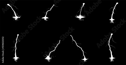 set of Lightning water splash silhouettes sequence vector illustration. natural phenomena isolated on a dark background. Thunderstorm electric effect of light shining flash
on white background