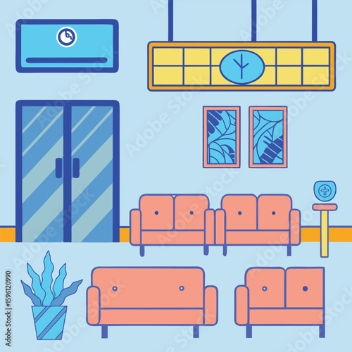 Coral sofas and blue accents in a modern waiting room interior