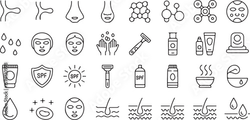 A set of minimalist black line art icons for skincare, dermatology, and beauty routine concepts and products.