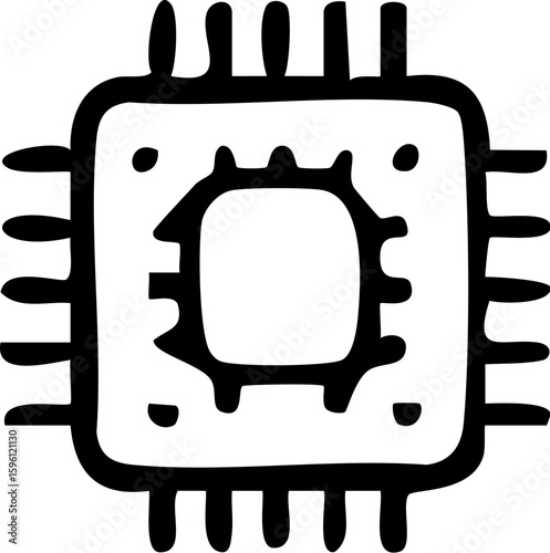 A handdrawn black and white icon of a computer microprocessor chip.