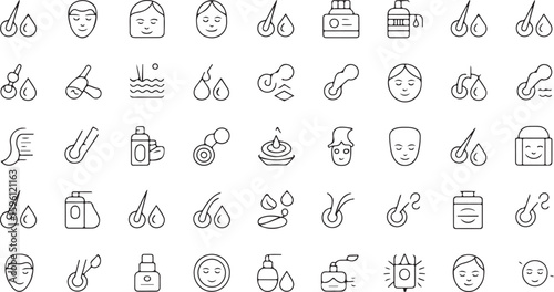 Set of minimalist black line art icons for hair care, skincare, and dermatology. Vector symbols for beauty and cosmetic concepts.