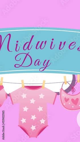 Animation of midwives day and ribbon with baby clothes and birds over pink background with clouds
