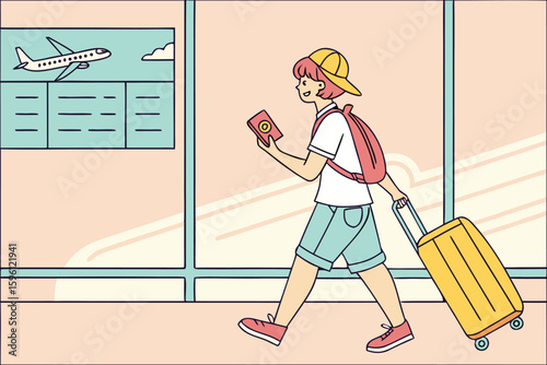 Youthful vacation traveler walking confidently with luggage past airport flight board, radiating travel excitement