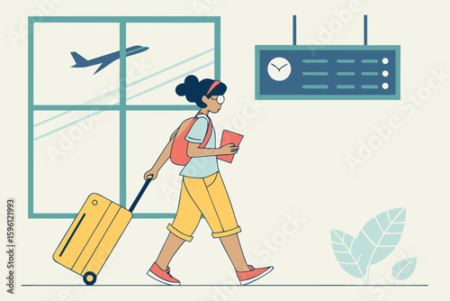 Brightly colored luggage being wheeled through busy airport terminal by tourist in casual summer outfit