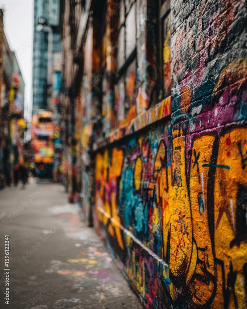 Fototapeta premium Colorful street art wall featuring graffiti textures, showcasing vibrant urban background 