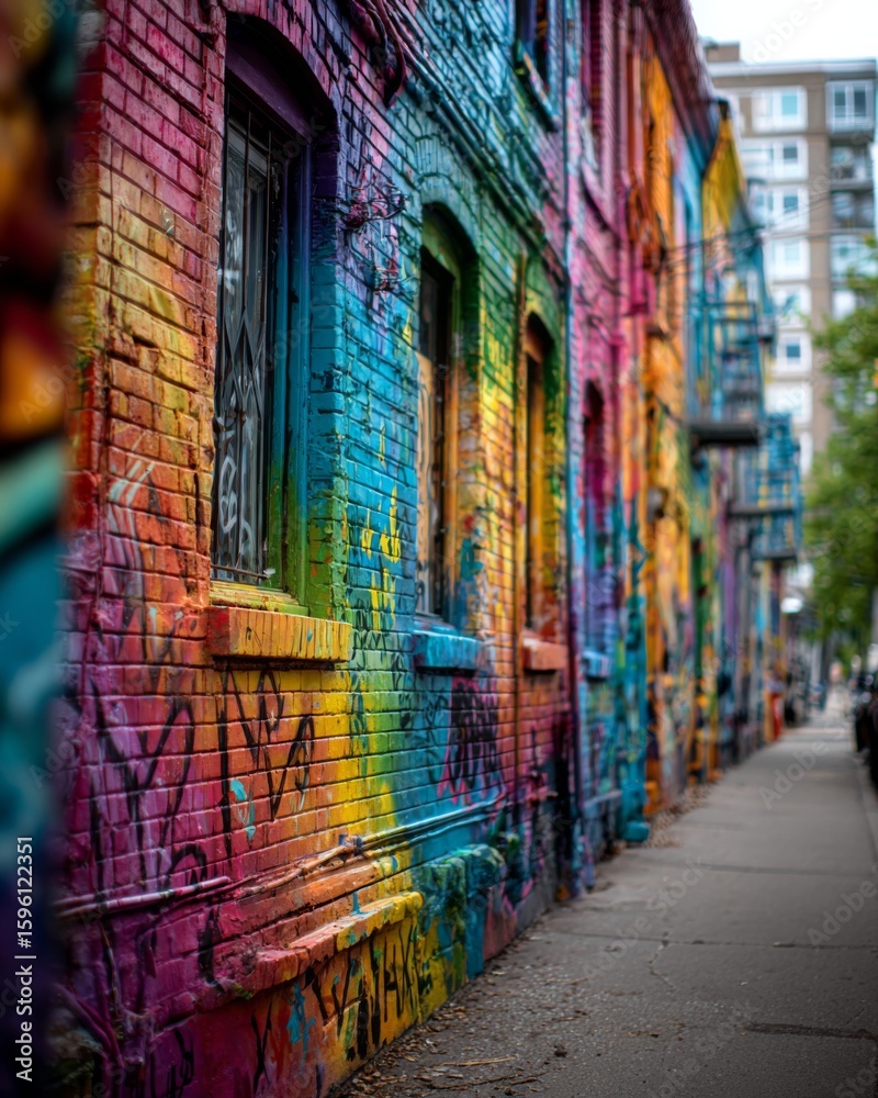 Fototapeta premium Colorful street art wall featuring graffiti textures, showcasing vibrant urban background