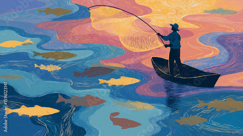 Fisherman Casting Net into Abstract Sea with Symbolic Fish Shapes