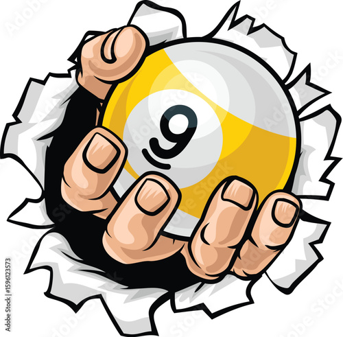 Hand nine ball pool billiards sports mascot holding a 9 ball cartoon illustration