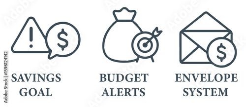 Personal Budgeting and Expense Tracking Icon Set Featuring Savings Goals, Spending Alerts, and Envelope Budget Method
