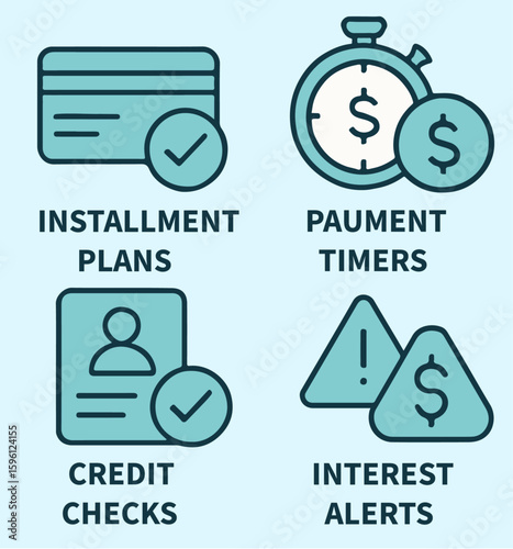 Modern BNPL Financial Icon Set for Buy Now Pay Later Apps Featuring Installment Plans, Credit Check, and Payment Alerts