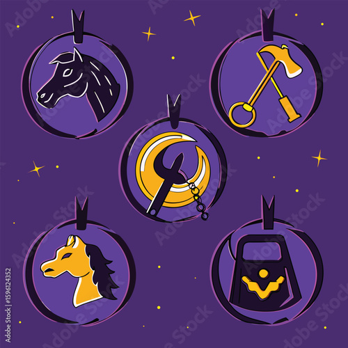 Purple circular icons horse hammer crescent moon anvil yellow black vector