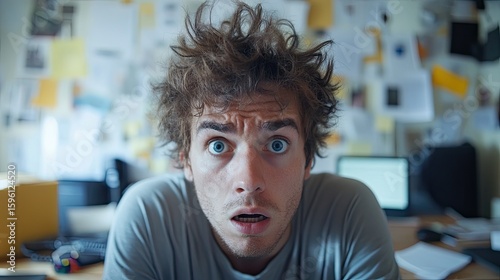 Frustrated young man working from home on a laptop in a cluttered office setting 