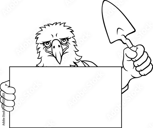 A bricklayer eagle handyman cartoon construction mascot character holding a trowel tool