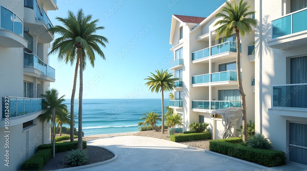 Fototapeta premium Exclusive Beach Resort Entrance with Palm Trees and Ocean View