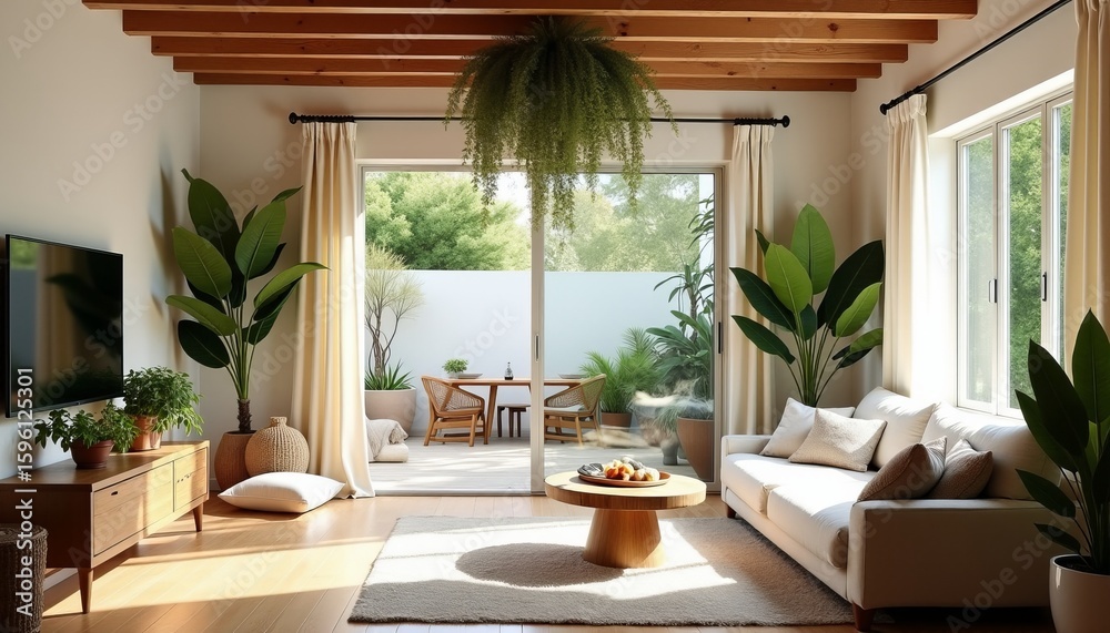 Fototapeta premium Airy bohemian living room seamlessly blending indoors and outdoors with abundant natural light