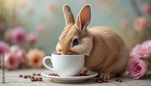 cute rabbit drinking coffee from cup