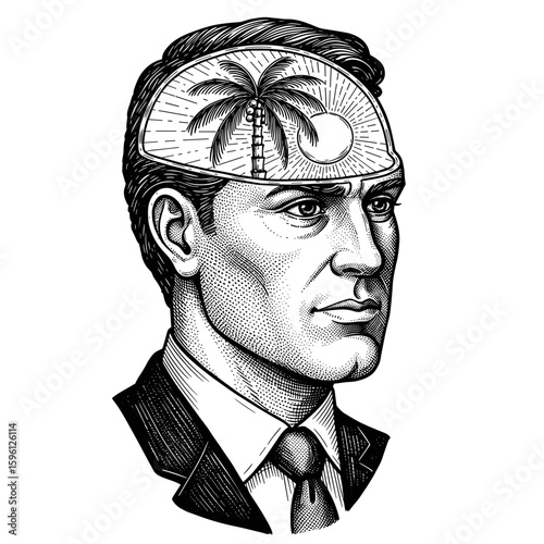 Inside a man’s head — a palm tree, black and white engraving sketch illustration, hand-drawn style. Concept for World Tourism Day, September 27.

