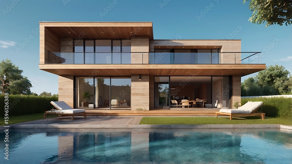 Fototapeta premium Flat-roofed modern home with wide open terrace, clear blue sky