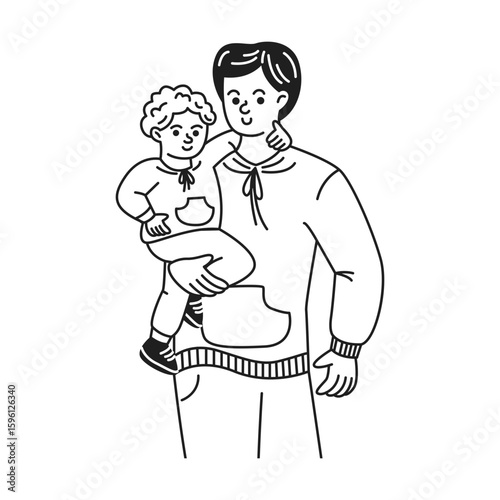 Doodle illustration. Father holding child in cheerful black and white illustration. Father smiles warmly while child hugs him. Simple design for family themed projects. Minimalist lines.