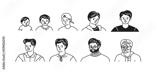 Doodle vector illustration of various male faces in cartoon style. Black and white colors are used. Represents different ages from childhood to elderly with diverse expressions.