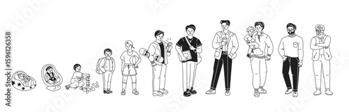 Doodle illustration depicting different stages of a male life from infancy to elderly adulthood in black and white linear style. Ideal for educational and life progression concepts.