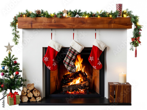 Christmas fireplace decorated with stockings and a lit fire isolated white background  