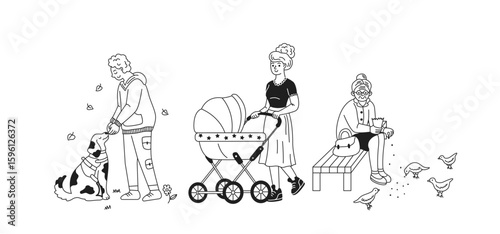 Black and white illustration depicting daily park activities. Features a person with a dog, a parent with a stroller, and an elderly woman feeding birds on a bench.