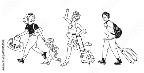 Joyful family walking with luggage in hand drawn black and white style. Characters express happiness on their travel adventure. Perfect for travelrelated designs.