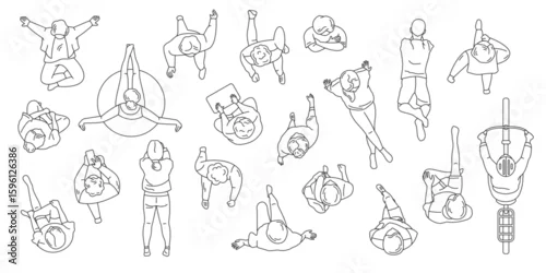 Fototapeta Line art illustration of various people seen from above. Monochrome design shows different poses and activities, perfect for architectural plans or creative layouts.