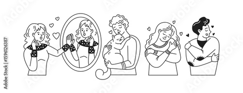 Collection of line art illustrations depicting selflove and affection. Figures express happiness through hugs and a mirror reflection. Minimalist black and white style.