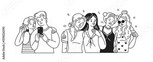 Illustration of friends taking selfies and laughing. Line art style with cheerful expressions. Ideal for portraying friendship and social media engagement.