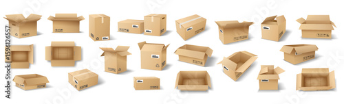 Illustration of different cardboard boxes in open and closed states. Rendered in realistic style. Ideal for packaging concepts. Neutral white background.