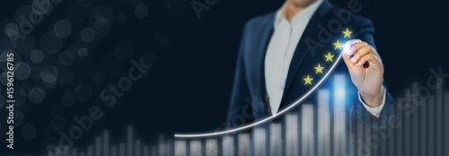 Rating Evaluation and Performance Improvement concept. Draws a rising curve with five stars above a bar chart, review, ranking improvement, evaluation and classification in a business or service.
