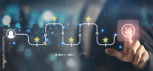 Customer Journey and Satisfaction Experience Concept. Interacts with a digital interface  customer journey, marked by stars and ending with a glowing smiley face, service satisfaction, user experience