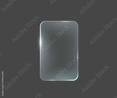 Transparent glass panel with smooth edges on dark backdrop. Modern and sleek design. Reflective surface ideal for technology or product design concepts.