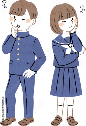 悩んだり考えたりする制服姿の男女の学生のイラスト　全身