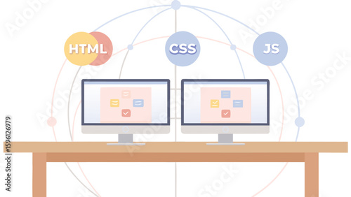 Two computers display web development technologies html css and js on a table with network lines