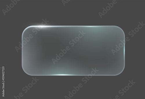 Glossy rectangular glass button with rounded corners on dark background. Sleek, minimalist design with subtle reflections, suitable for modern interfaces and tech designs.