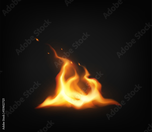 Realistic digital illustration of fiery flames against a dark backdrop. Glowing orange and yellow hues create a warm and dynamic visual. Ideal for creative projects.