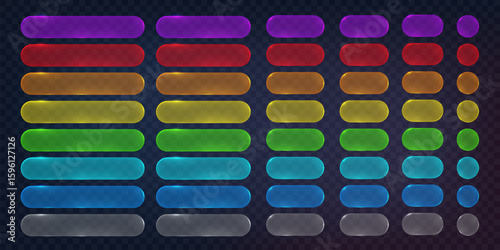 Glossy UI buttons in a variety of colors including red, green, blue, and purple. Designed with a modern and shiny style on a transparent checkered background. Ideal for web and app design.