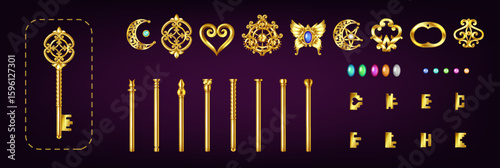 Vector set for modeling gold keys, constructor. Set of golden key elements displayed on a dark background. Includes decorative tops and blades. Concept ideal for fantasy themes or game design.