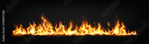 Digital illustration of realistic flames wall in vibrant orange and yellow on a black background. Represents heat and energy. Ideal for design concepts requiring intensity.