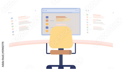 Illustration of a swivel chair facing a computer screen with two side monitors showing text