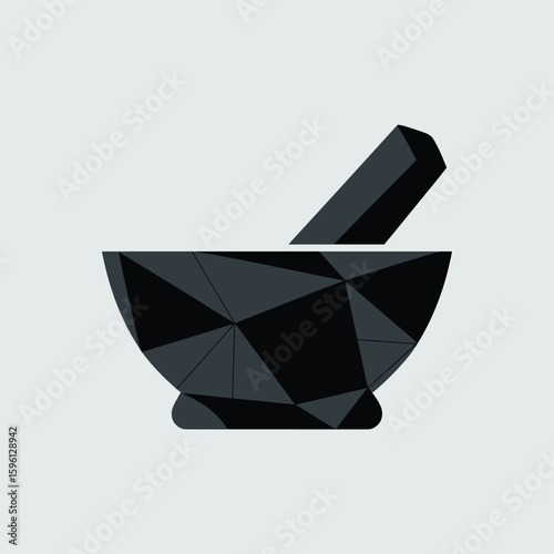 Geometric black mortar and pestle, representing traditional medicine or natural remedies with a modern, abstract polygonal design suitable for pharmaceutical or herbal product branding