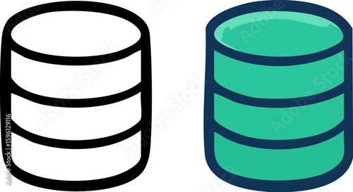 Stylized Database Icon Outline and Teal Green Data Storage Symbol.