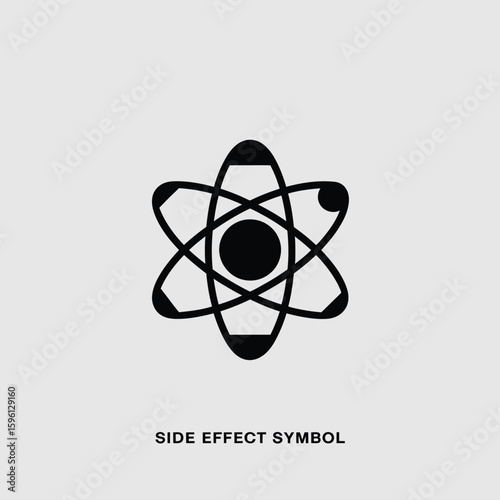 Side effect symbol, a black atom model with orbiting electrons in simplistic design, suitable for science, medicine, and technology content, conveying potential risks and impacts