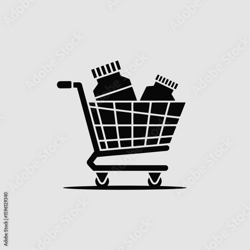 Shopping cart filled with medication bottles, symbolizing healthcare purchases, pharmaceutical retail, or consumer health spending in a minimalist design concept
