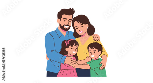 A cheerful family of four, embracing with love and happiness, depicted in a vibrant illustration, representing unity and familial bonds on a clean white background.