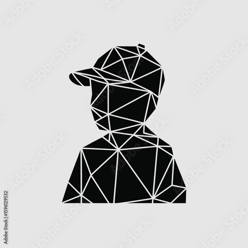 Geometric silhouette of a person wearing a cap, rendered with a modern polygonal design, creating a stylized, abstract, and contemporary portrait with a clean aesthetic